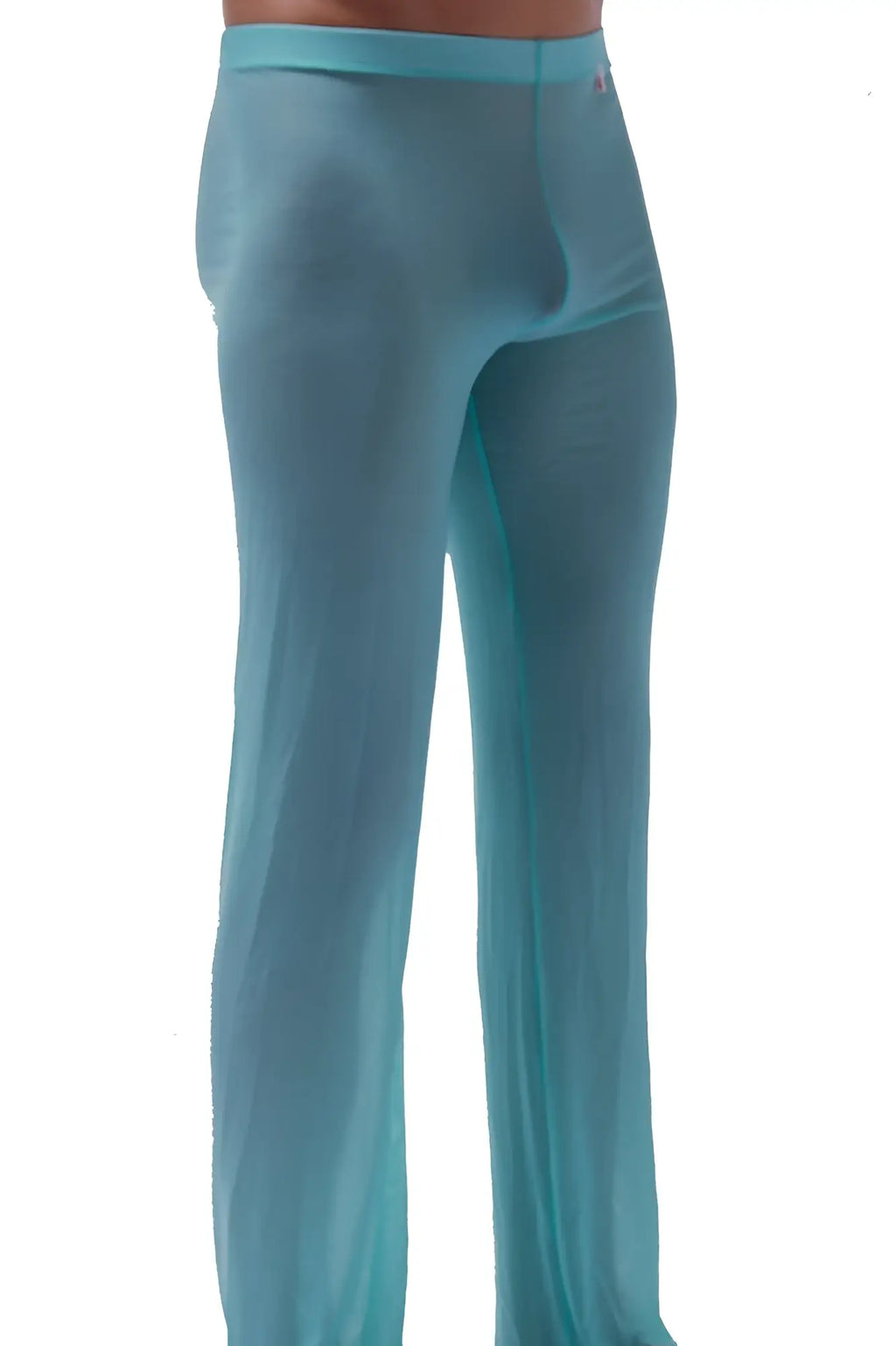 Teal sheer men’s lounge pants with smooth translucent fabric and fitted waistband in pants net teal style