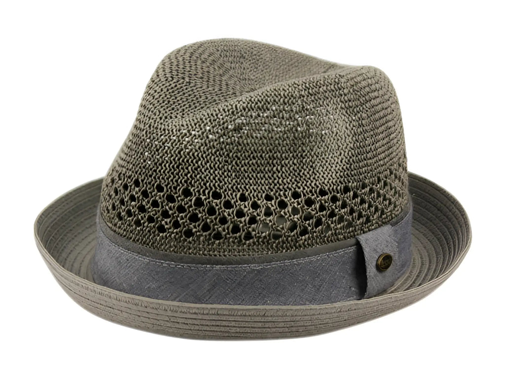 Gray woven paper straw fedora with breathable mesh band and dark gray fabric strap in multiple colors