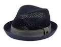 Navy blue paper straw fedora with textured gray fabric band and subtle perforated detailing on the crown