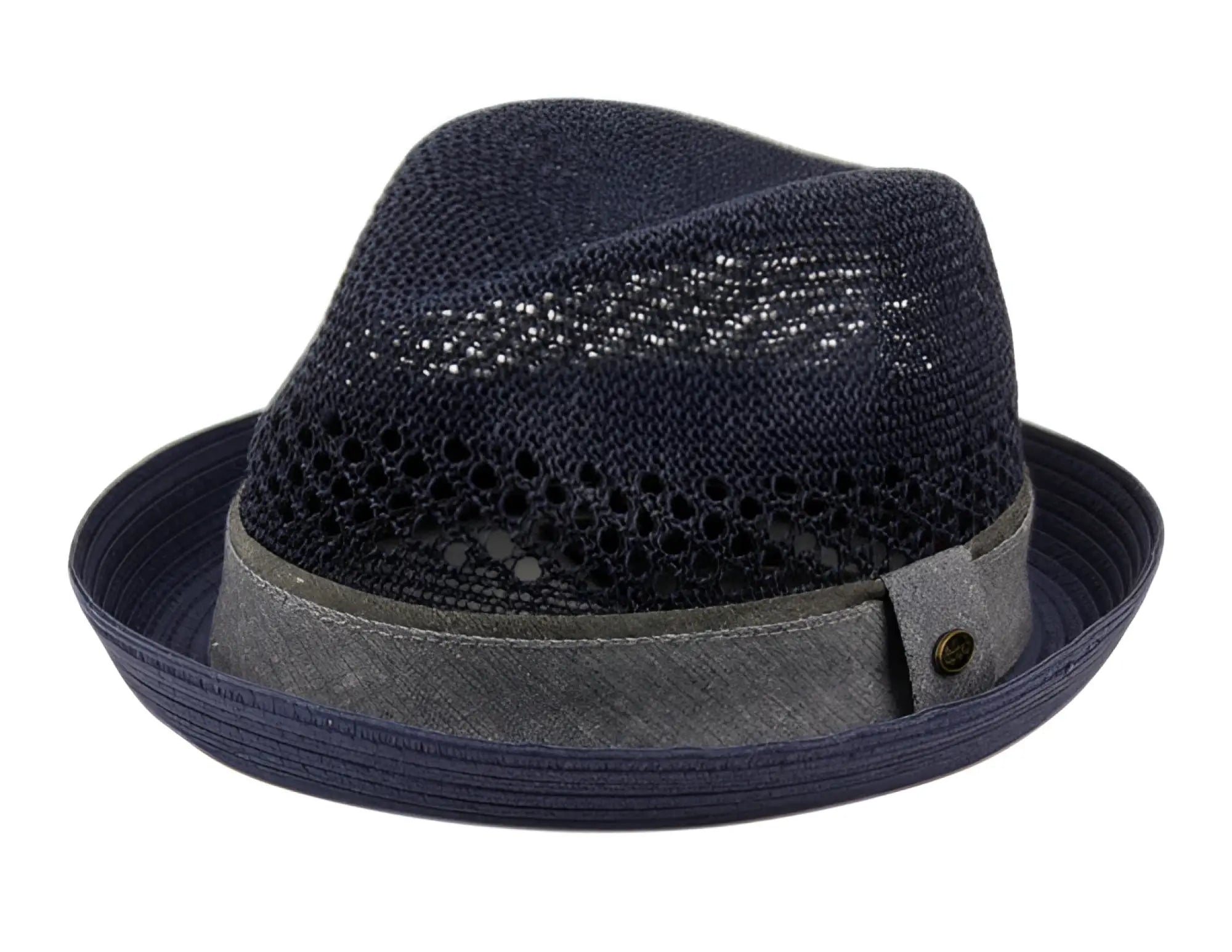 Navy blue paper straw fedora with textured gray fabric band and subtle perforated detailing on the crown