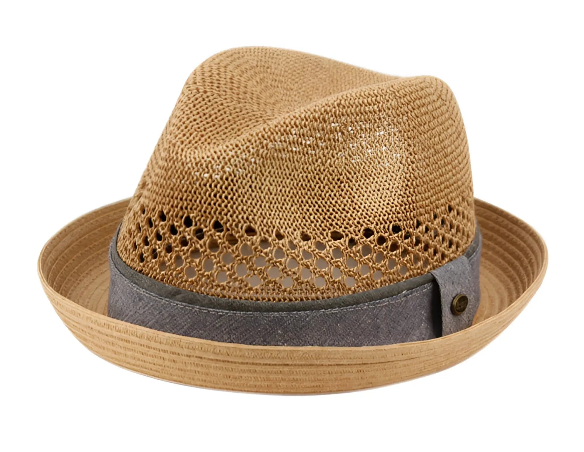 Tan paper straw fedora with gray fabric band and perforated detailing in multiple colors product line