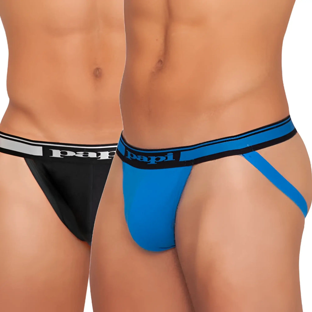 Papi 2 pack cotton stretch essentials jock strap underwear in black and blue with striped waistband size L