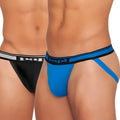 Papi 2 pack cotton stretch essentials jock strap underwear in black and blue with striped waistband size L