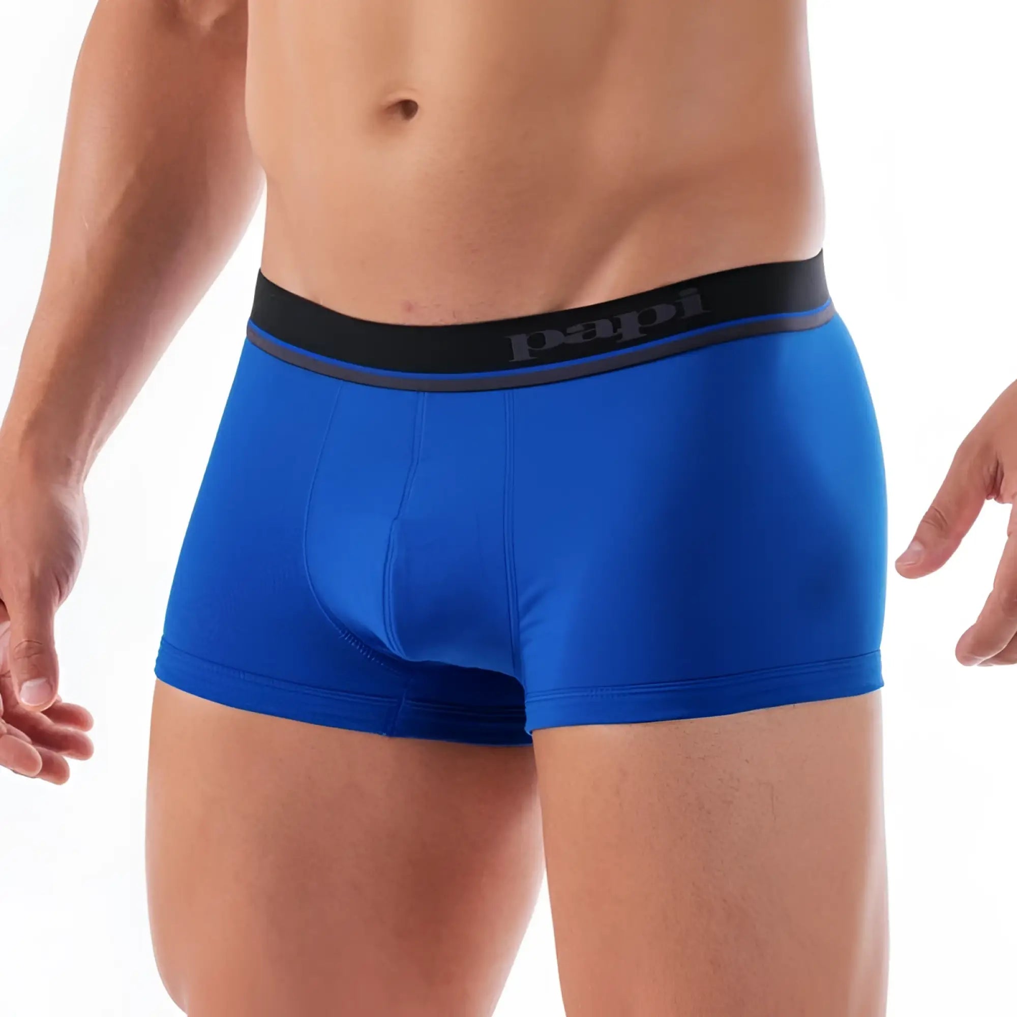 Bright blue papi cotton stretch Brazilian trunk underwear with black waistband and gray logo size small