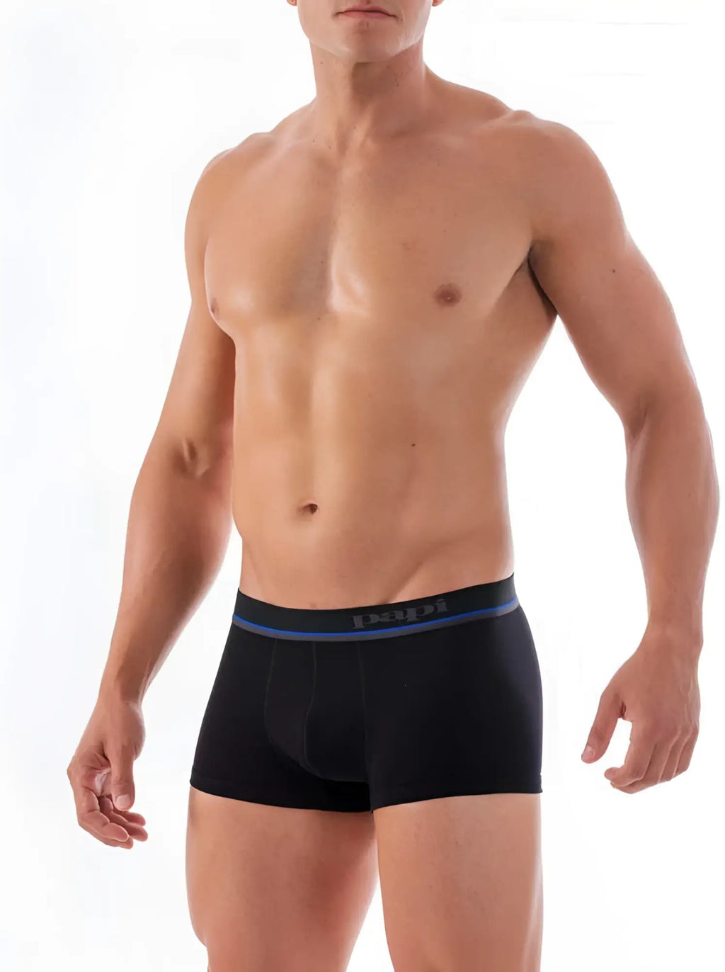 Black cotton stretch boxer briefs with navy blue and gray elastic waistband and basic branding in size small