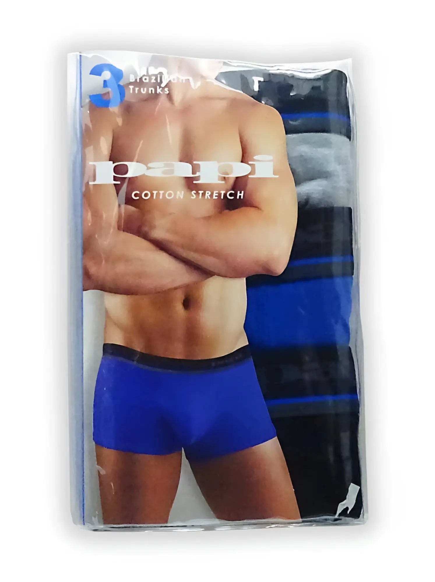 Blue cotton stretch trunks with black waistband packaged in clear plastic sleeve from papi 3 pack brazilian trunk underwear size s