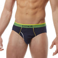 Navy blue papi heritage clasico hip briefs with green waistband and yellow side stitching in size medium