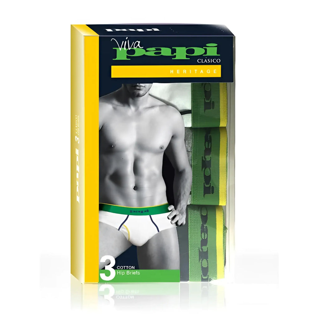 Viva papi clásico heritage men’s white cotton hip briefs with green and black trim in yellow and navy packaging