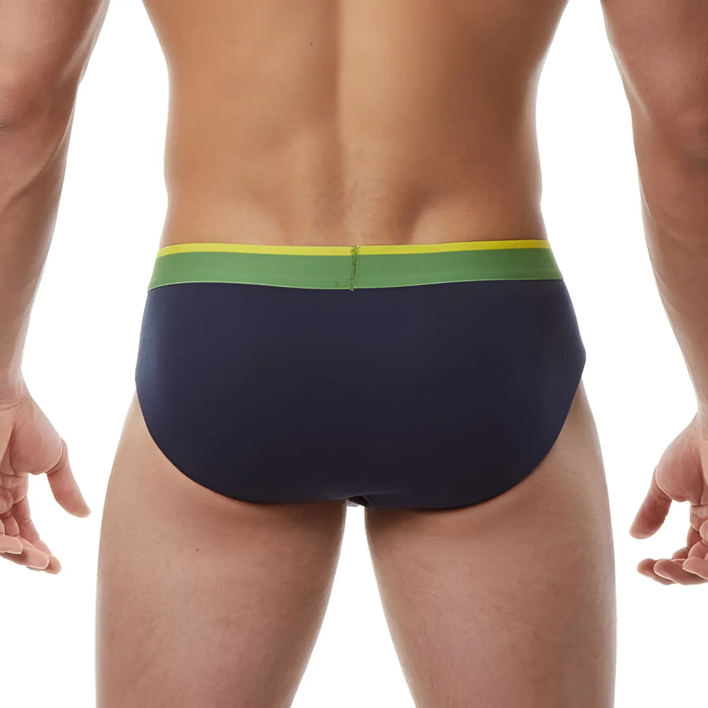 Navy blue Papi Heritage Clasico hip brief underwear with green and yellow striped waistband in size M