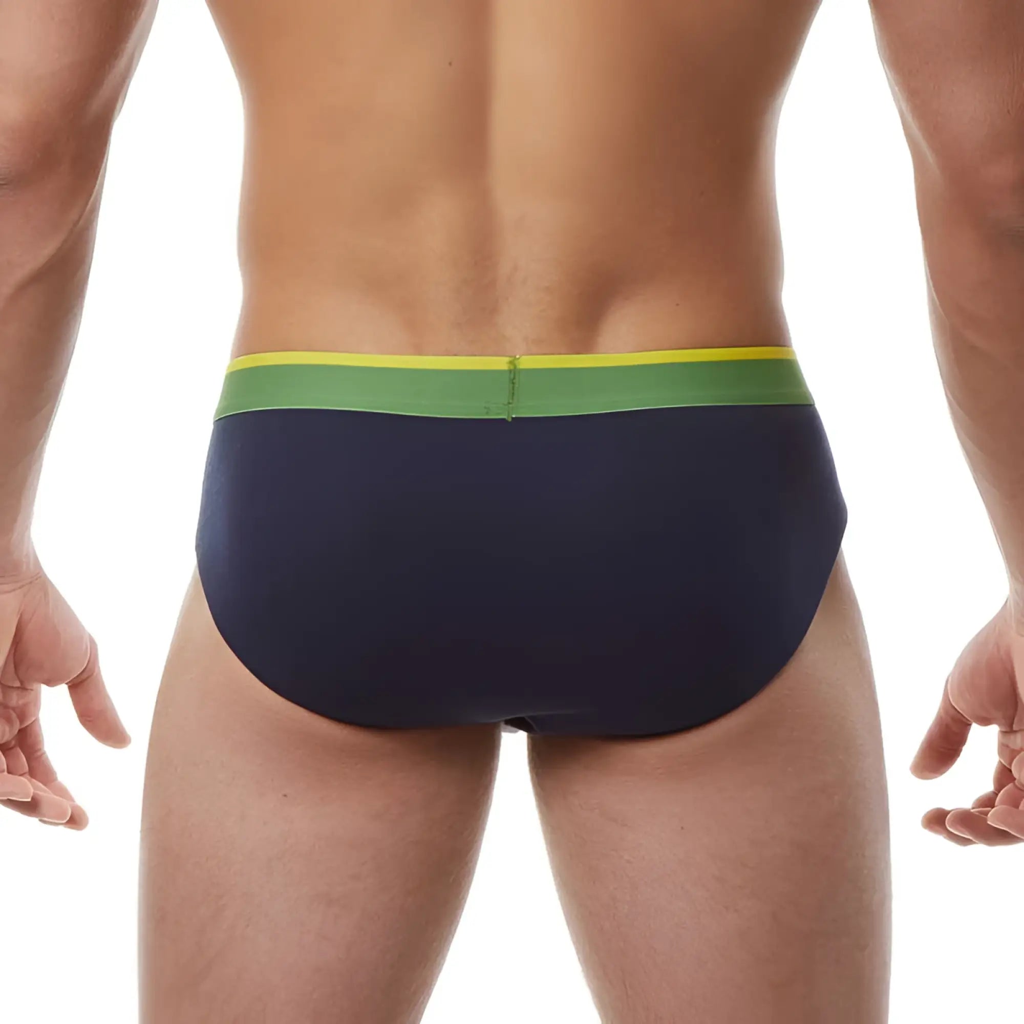 Navy blue Papi Heritage Clasico hip brief underwear with green and yellow striped waistband in size M