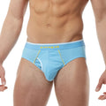 Light blue papi heritage clasico hip brief underwear with yellow and white trim and branded waistband size m