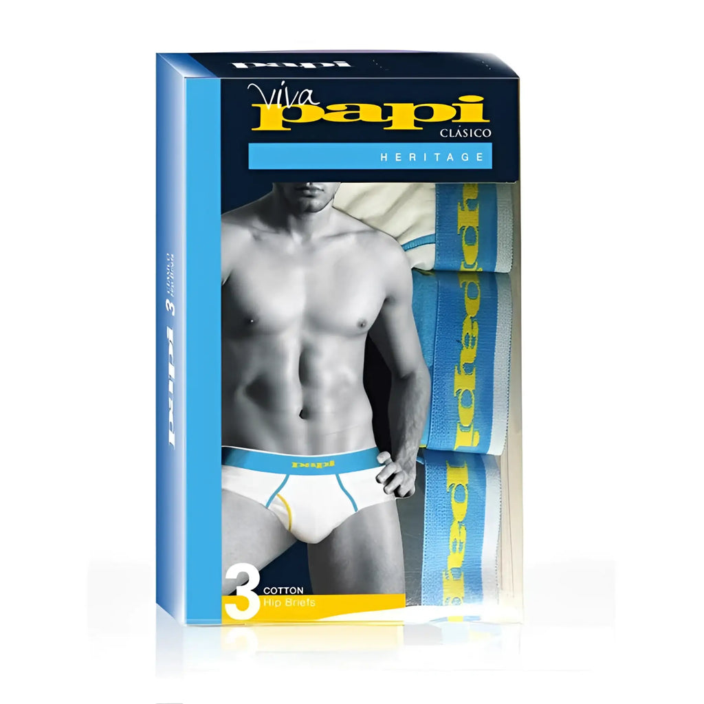 Blue and white cotton hip briefs with yellow branding packaged in a viva papi clásico heritage box size m