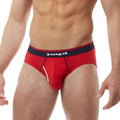 Red papi briefs with navy blue waistband and white stitching from papi heritage clasico hip brief underwear 3 pack size m