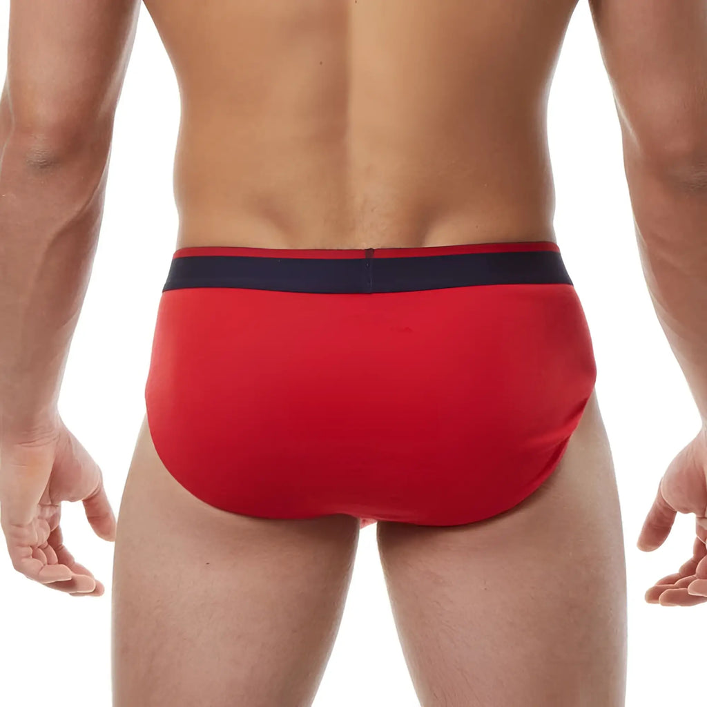 Red men’s briefs with navy blue waistband from papi heritage clasico hip brief underwear 3 pack size m
