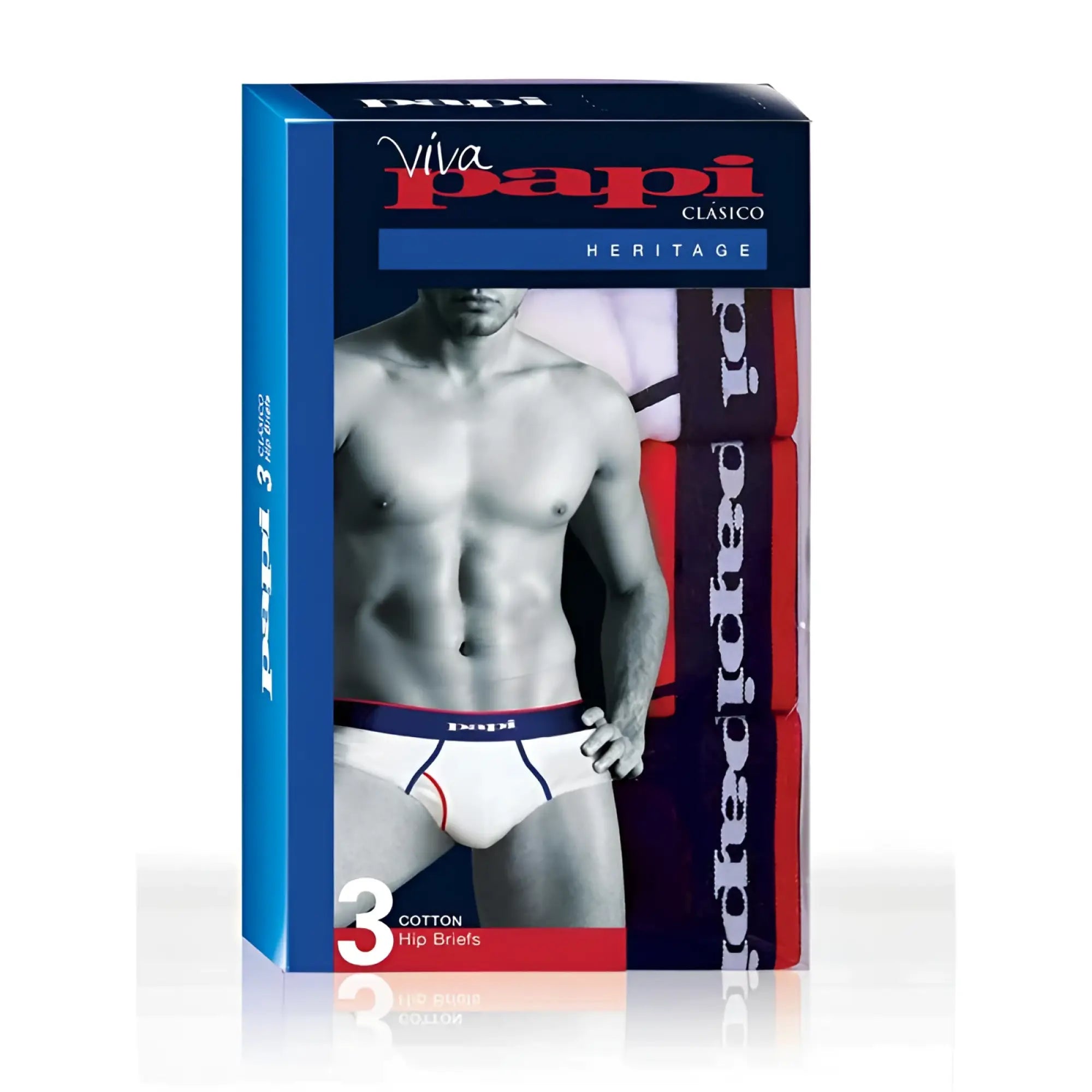 Papi 3 pack heritage clasico cotton hip briefs in white with navy and red trim size medium