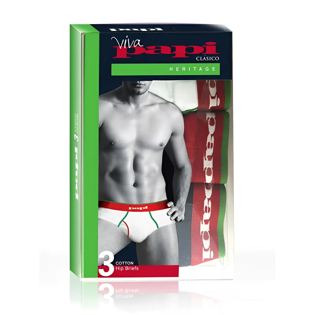 Viva papi clásico heritage three-pack cotton hip briefs in white with red and green trim size medium