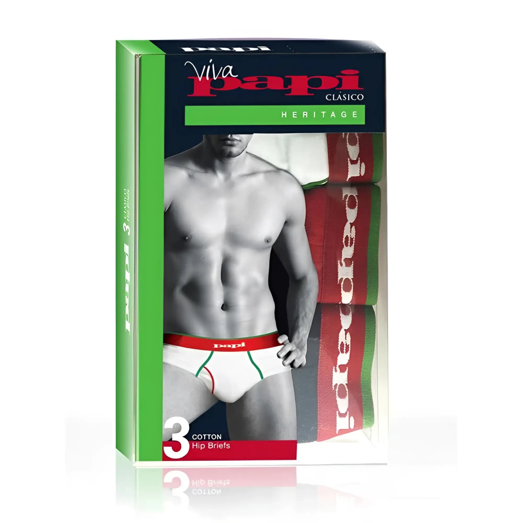 Viva papi clásico heritage three-pack cotton hip briefs in white with red and green trim size medium