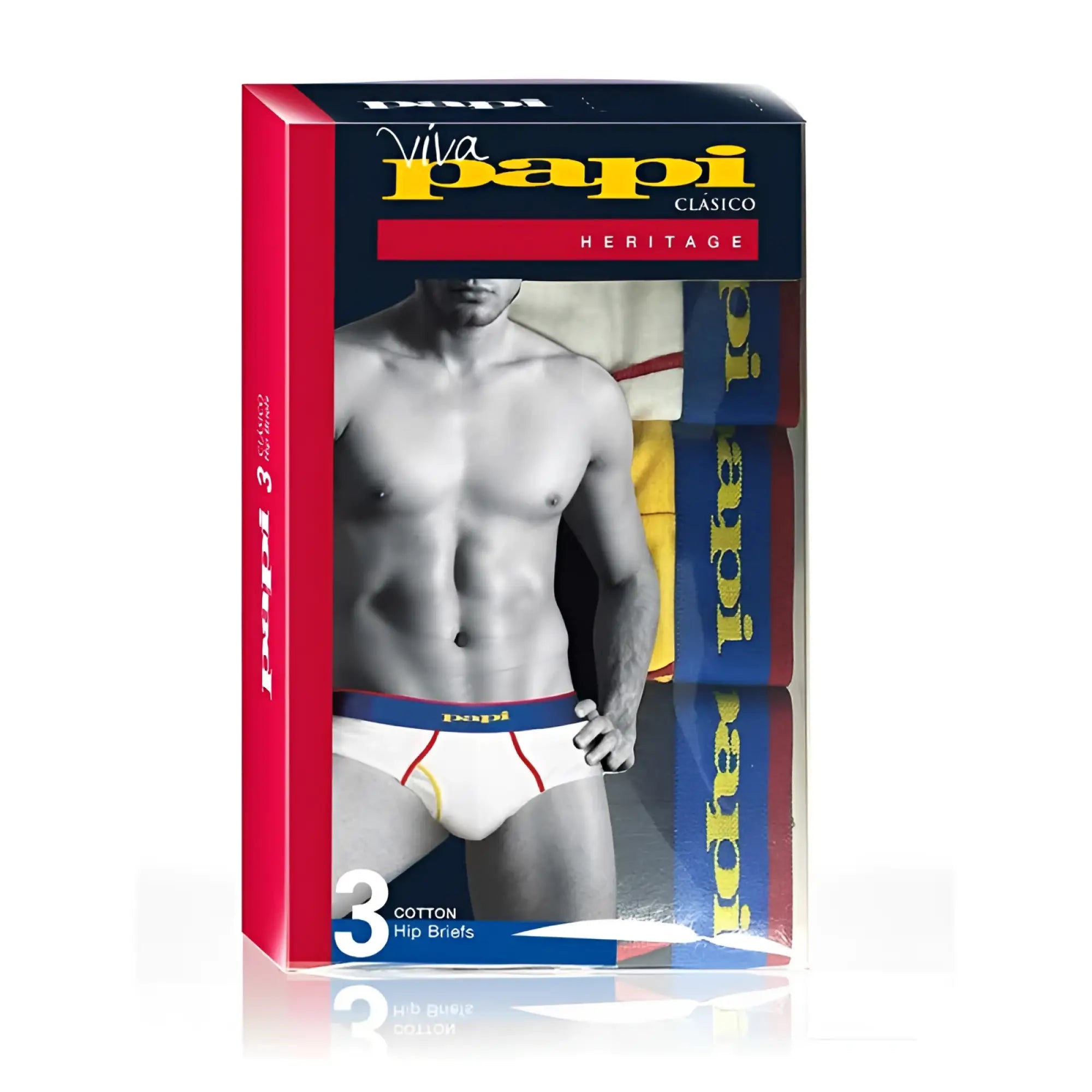 Papi 3 pack heritage clasico men’s cotton hip briefs in white with red and yellow trim size m
