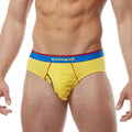 Bright yellow papi brand hip briefs with blue waistband red trim and gold papi logo size medium from heritage clasico pack