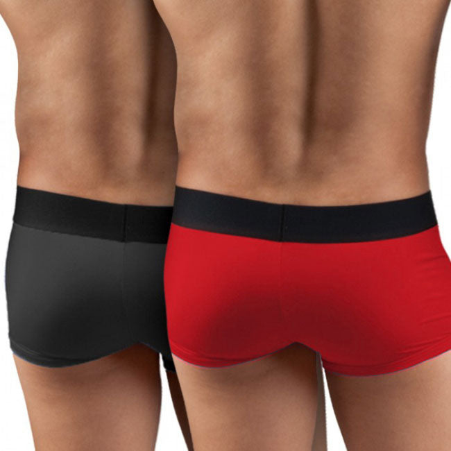 [2 Pack] Papi Cool Solid Brazilian Trunk Microfiber Boxer Brief Underwear Black+Red 626161 Size M