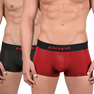 [2 Pack] Papi Cool Solid Brazilian Trunk Microfiber Boxer Brief Underwear Black+Red 626161 Size M