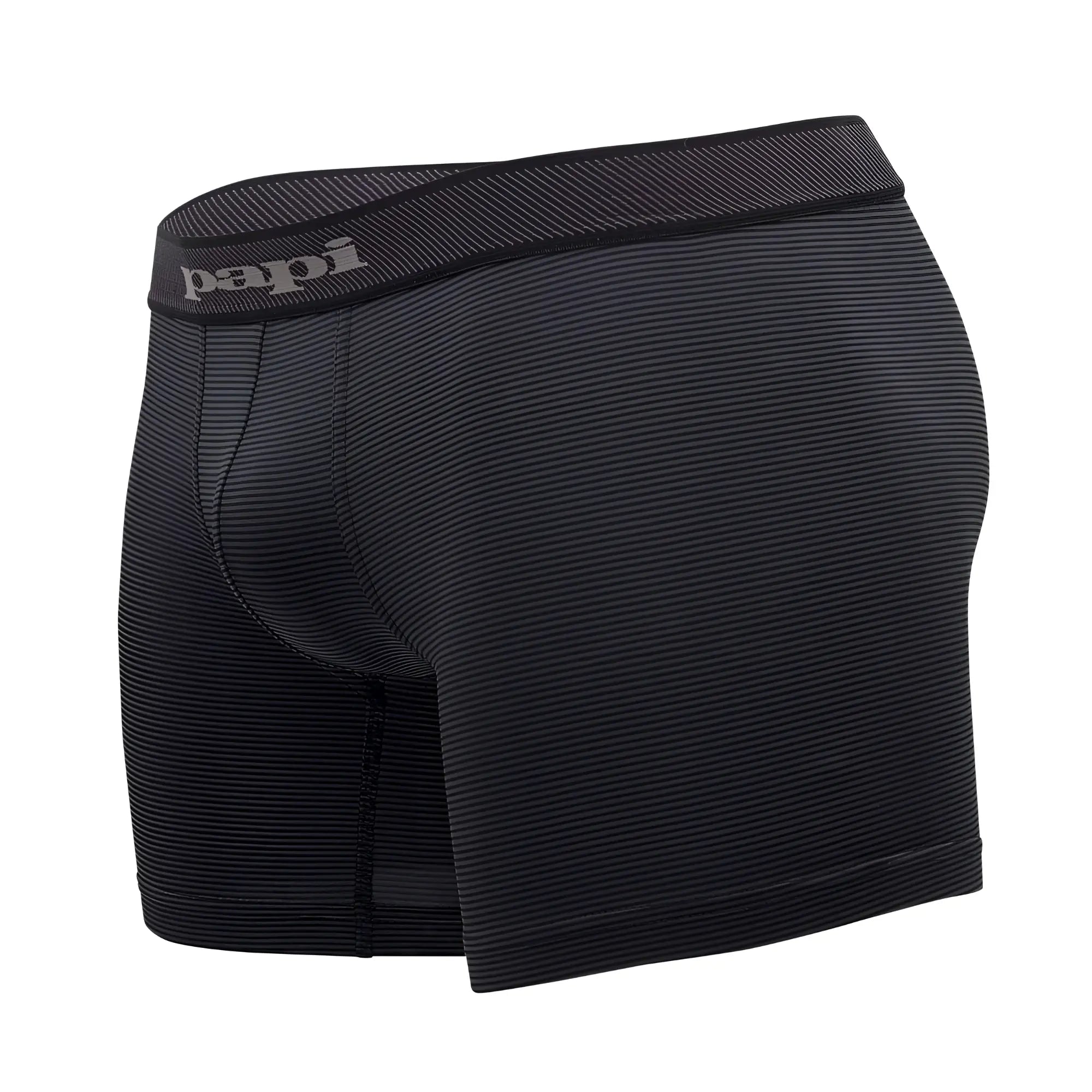 Black papi cool2 boxer briefs in ribbed fabric with subtle gray branding on waistband in black and gray colors