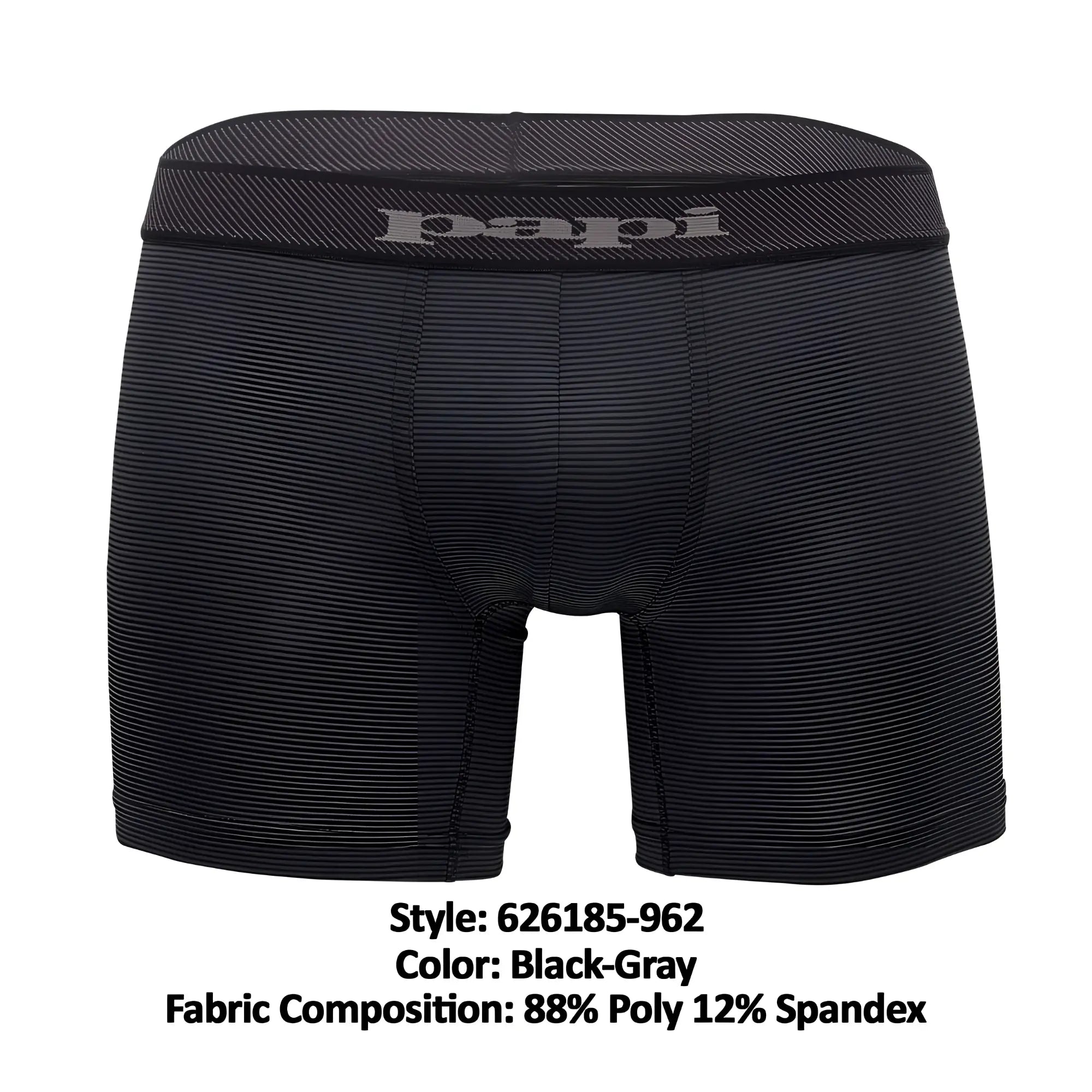 Black-gray striped papi boxer briefs with textured waistband featuring papi logo, part of cool2 2pk solid collection