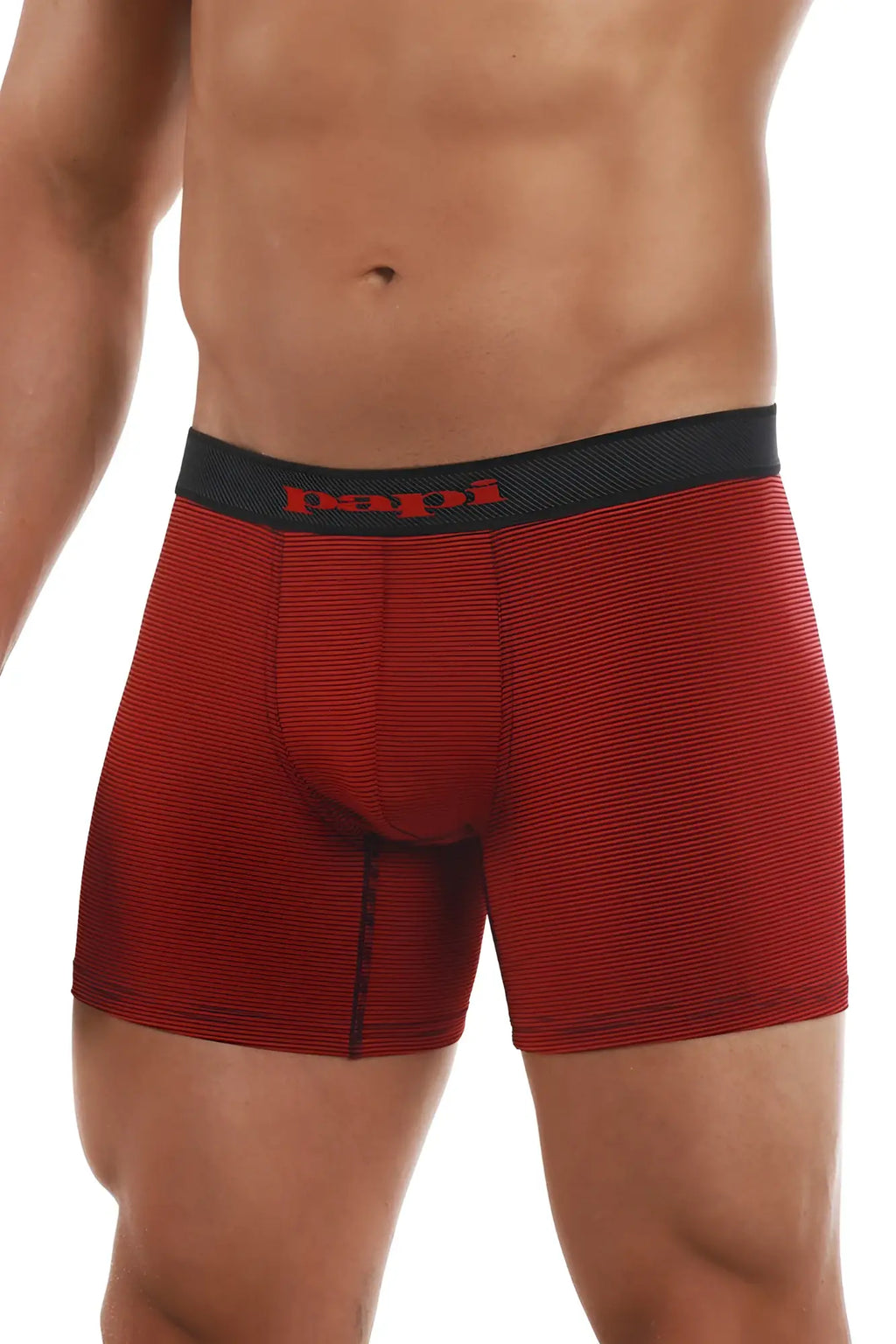 Red papi solid boxer briefs in black and red with a black waistband and subtle horizontal stripes
