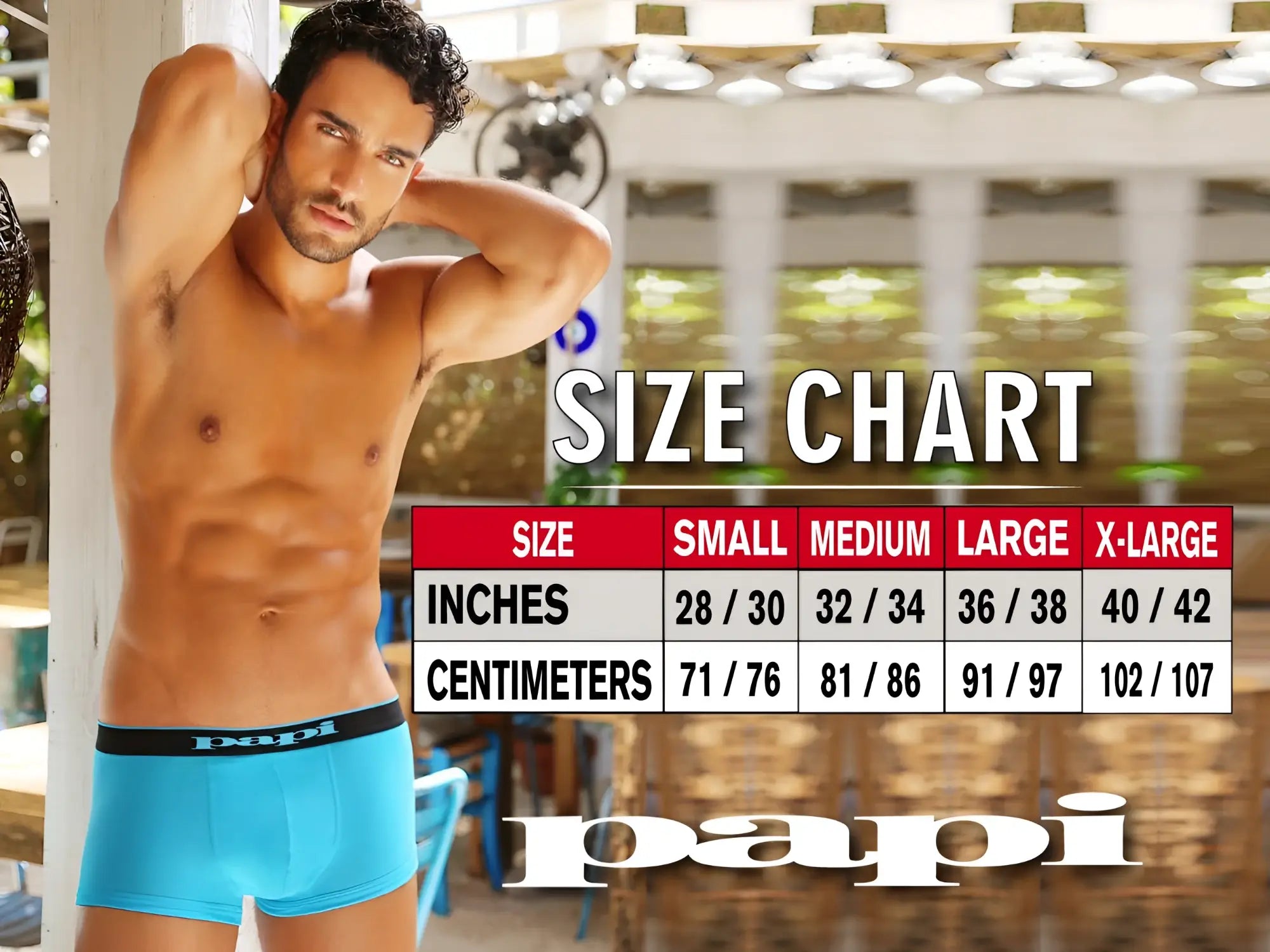 Bright blue papi boxer briefs with black elastic waistband featuring white brand name ideal for everyday comfort