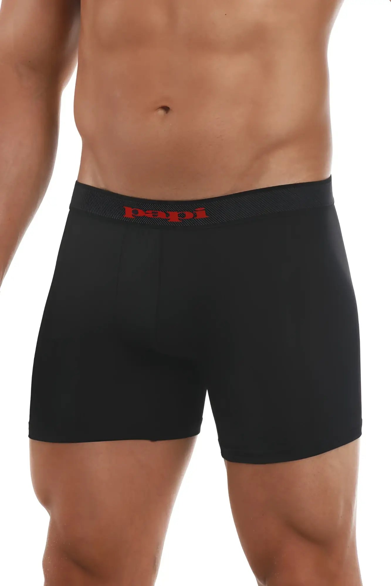 Black men’s solid boxer briefs with red papi logo waistband from papi cool2 2pk in black and red
