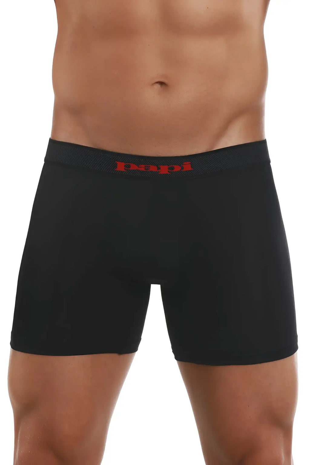 Black men’s solid boxer briefs with red papi logo on waistband from papi 626185-982 cool2 2pk collection