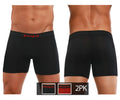 Black men’s boxer briefs two-pack with red dmp branded waistband solid color black for everyday comfort