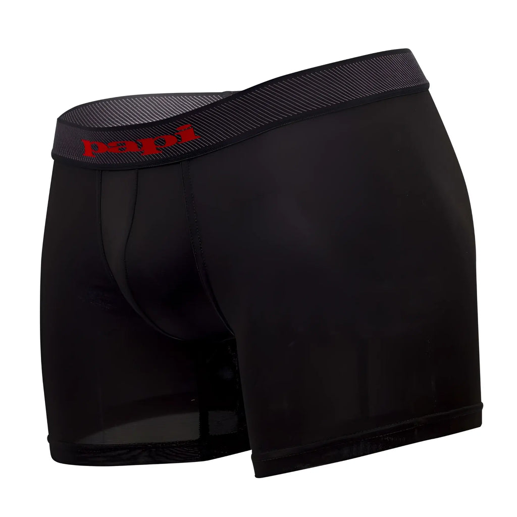 Black men’s solid boxer briefs with textured waistband and red Papi logo in black and red colors