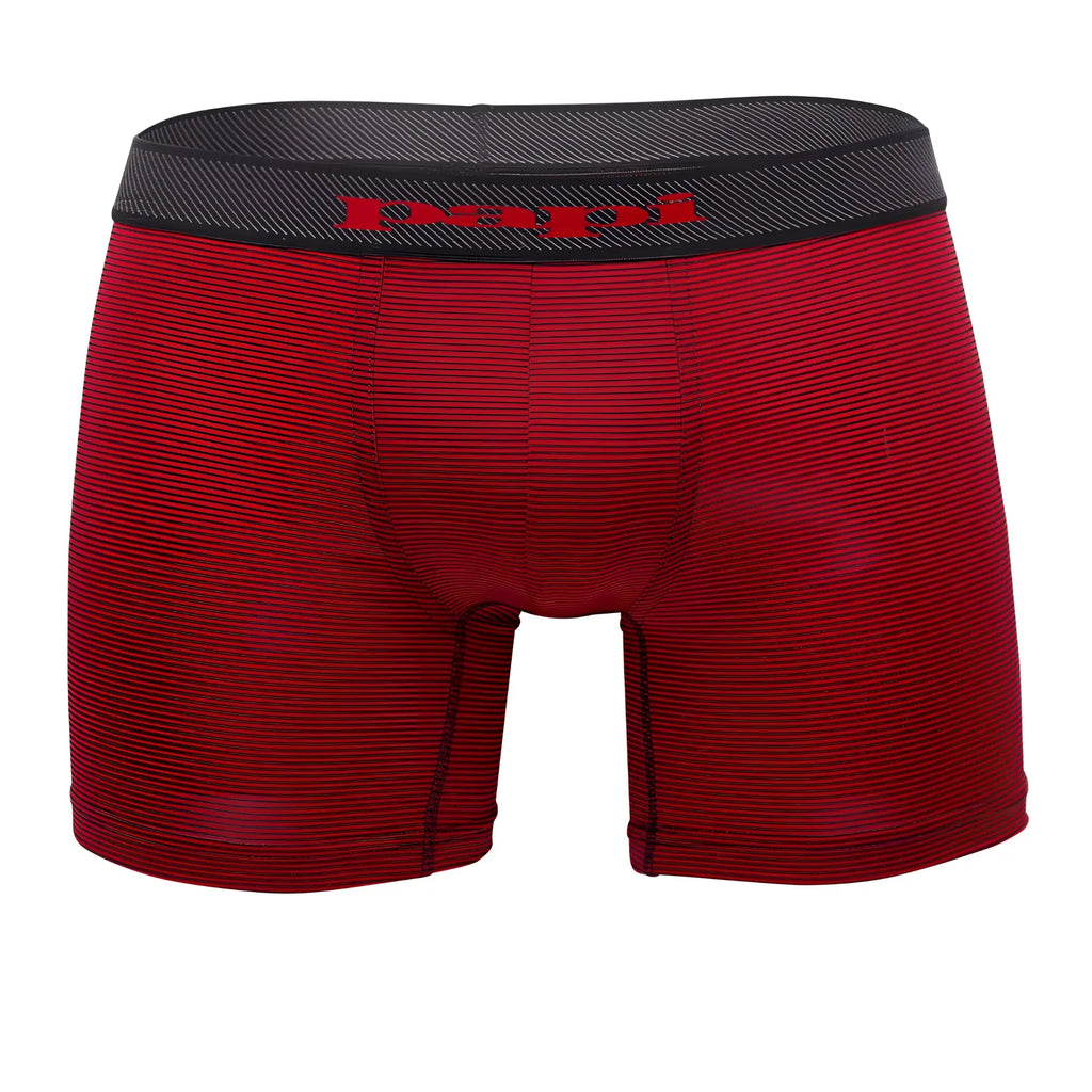 Red striped men’s boxer briefs with black elastic waistband featuring papi brand name in red lettering black red color