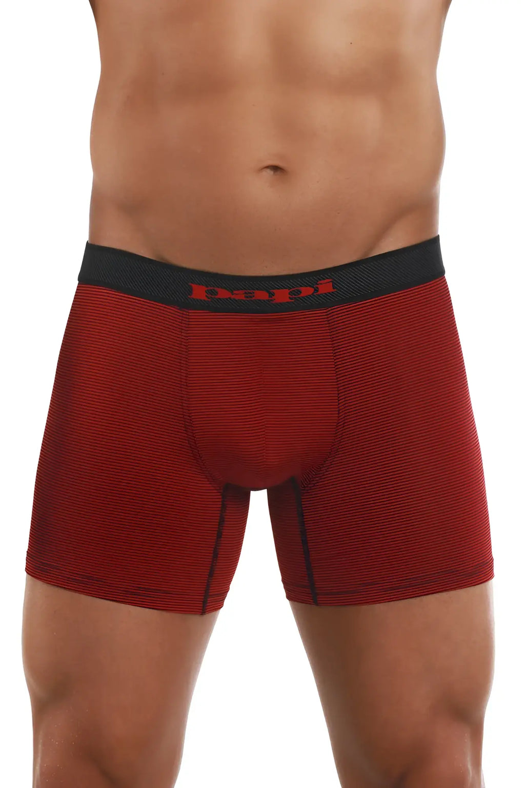 Red striped boxer briefs with black waistband featuring papa logo in red from papi cool2 2pk black-red collection