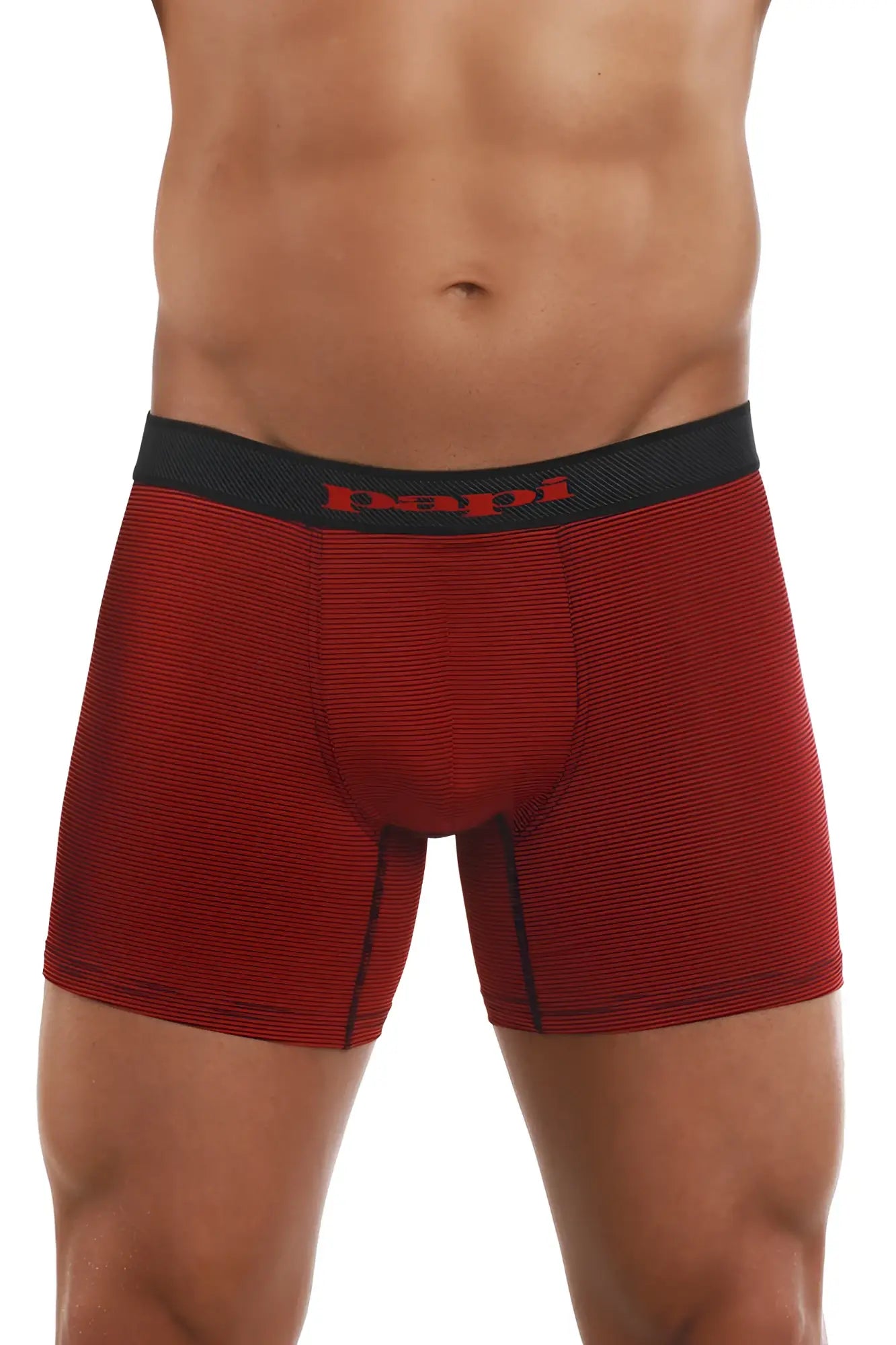 Red striped boxer briefs with black waistband featuring papa logo in red from papi cool2 2pk black-red collection