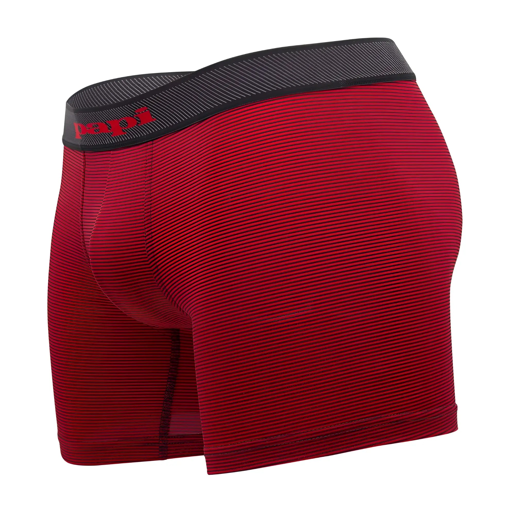 Red textured boxer briefs with black elastic waistband featuring papi brand name in red lettering in black-red color