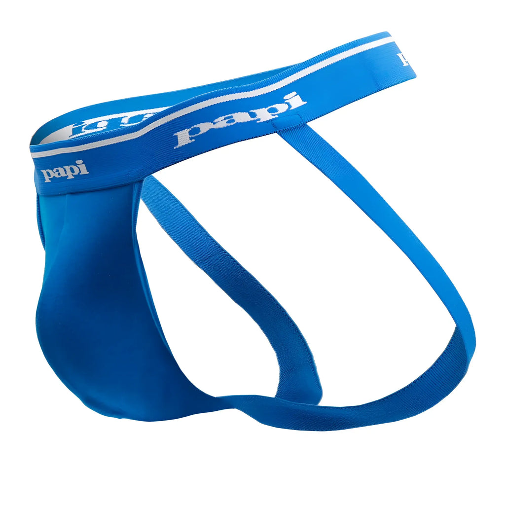 Bright blue papi brand 1x1 rib jockstrap with white logo and trim from the black red turquoise 3pk collection