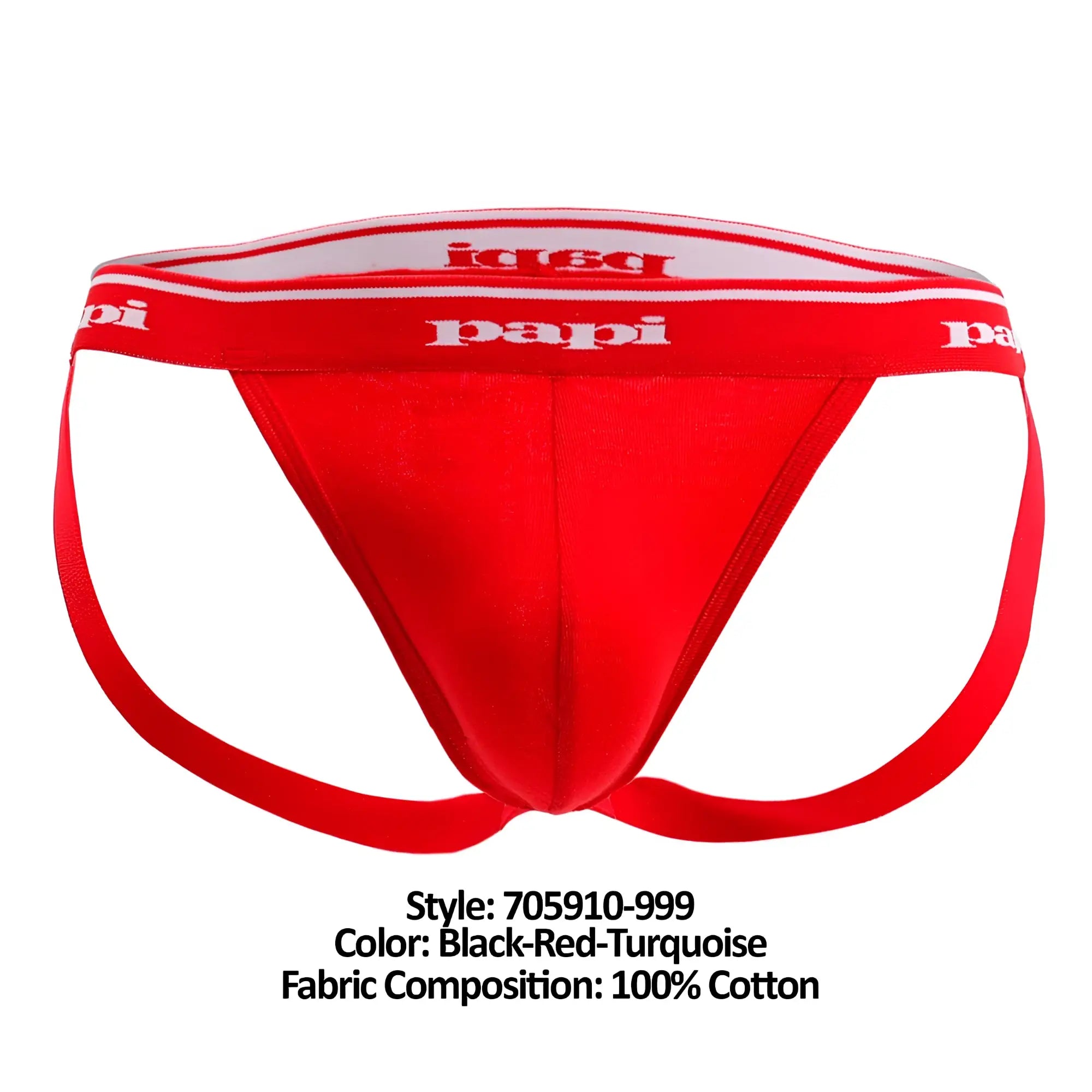 Red cotton briefs with black and turquoise trim and papi logo on waistband from papi 705910-999 3pk jockstrap set