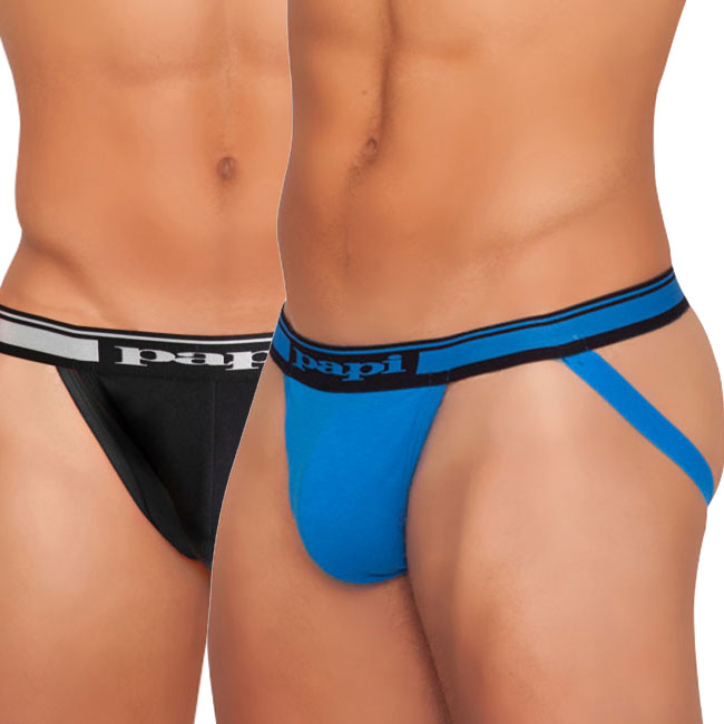 Papi [2er Pack] Cotton Stretch Essentials Jock Strap Unterwäsche Schwarz &amp; Blau 980910 Größe L