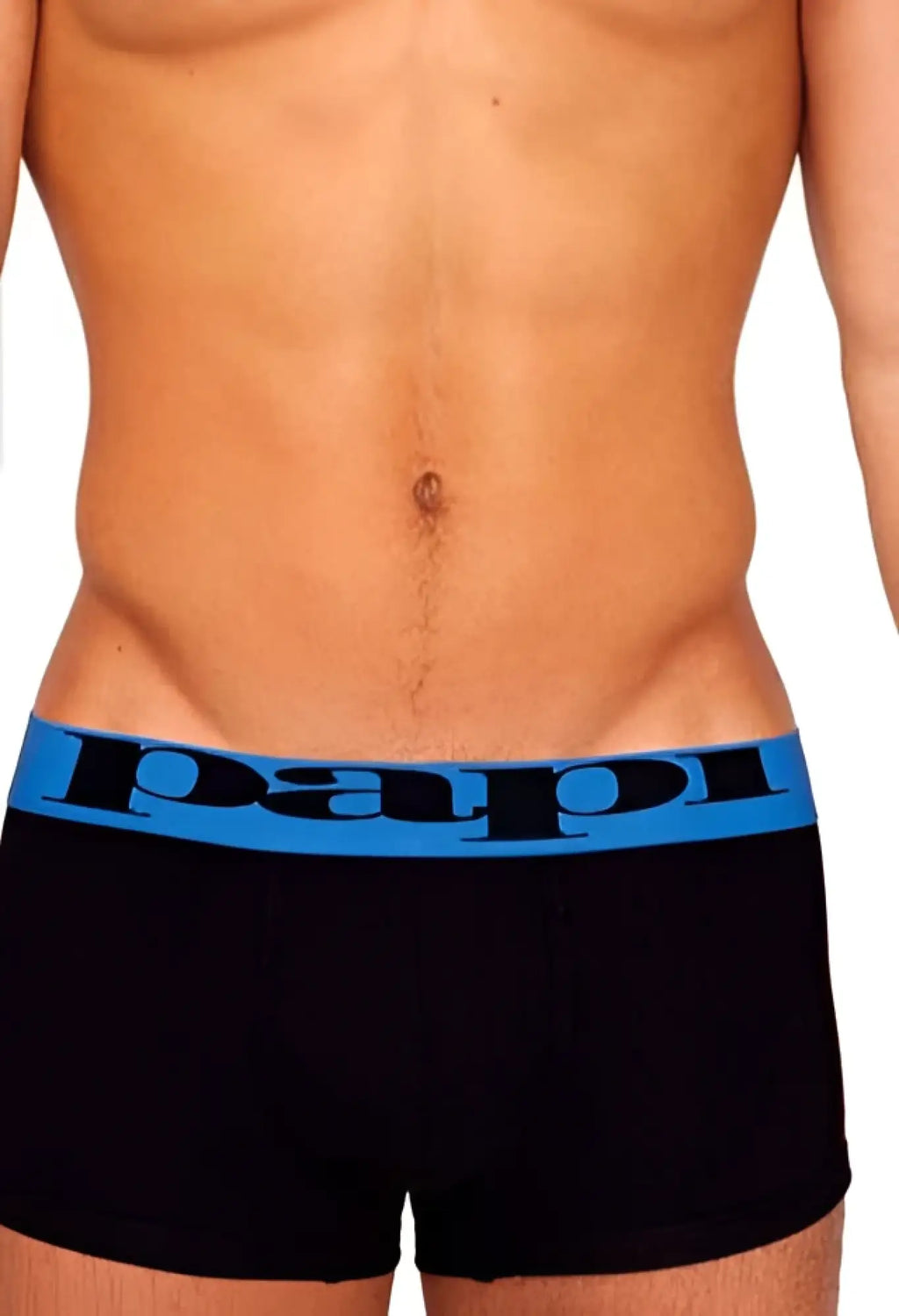 Black papi brazilian trunk underwear with bold blue waistband featuring papai brand name in black lettering size m