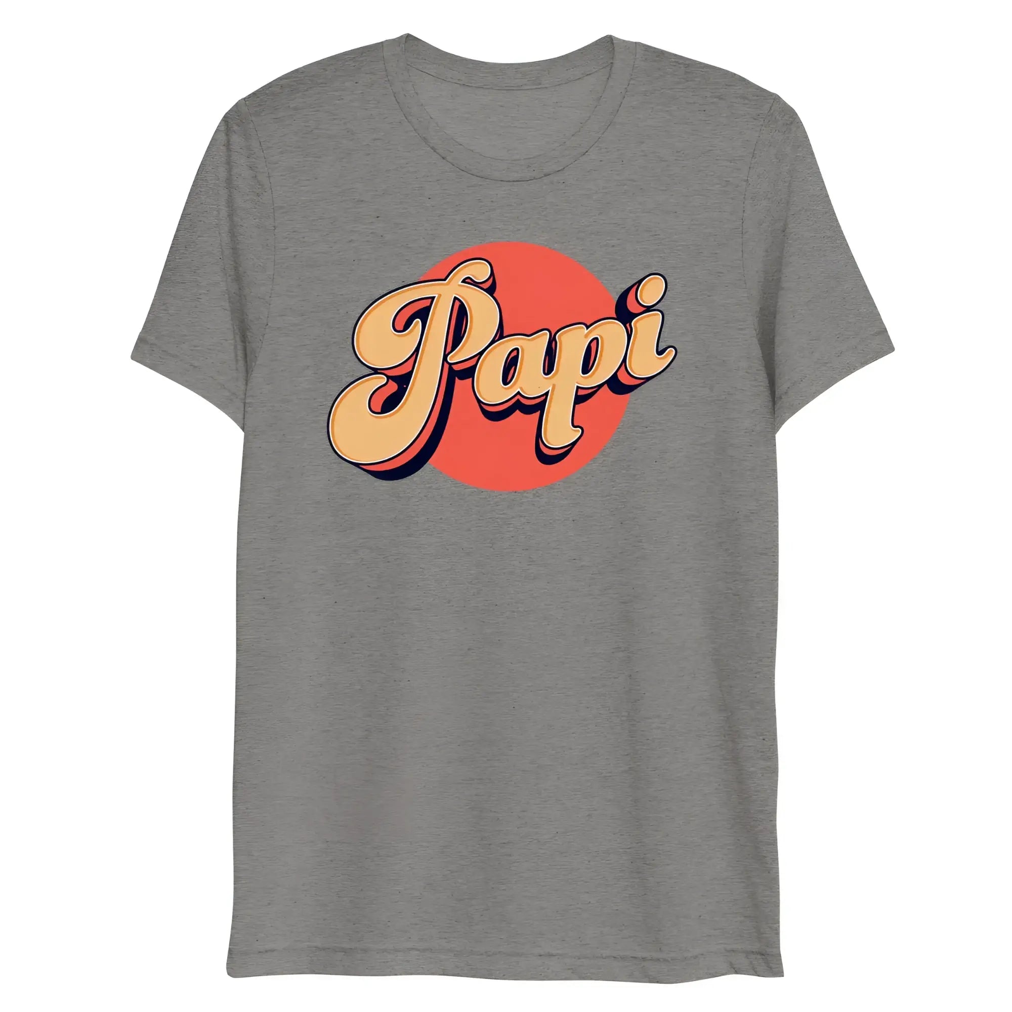 Gray heathered t-shirt with bold retro style papi graphic in beige and black on orange circular background
