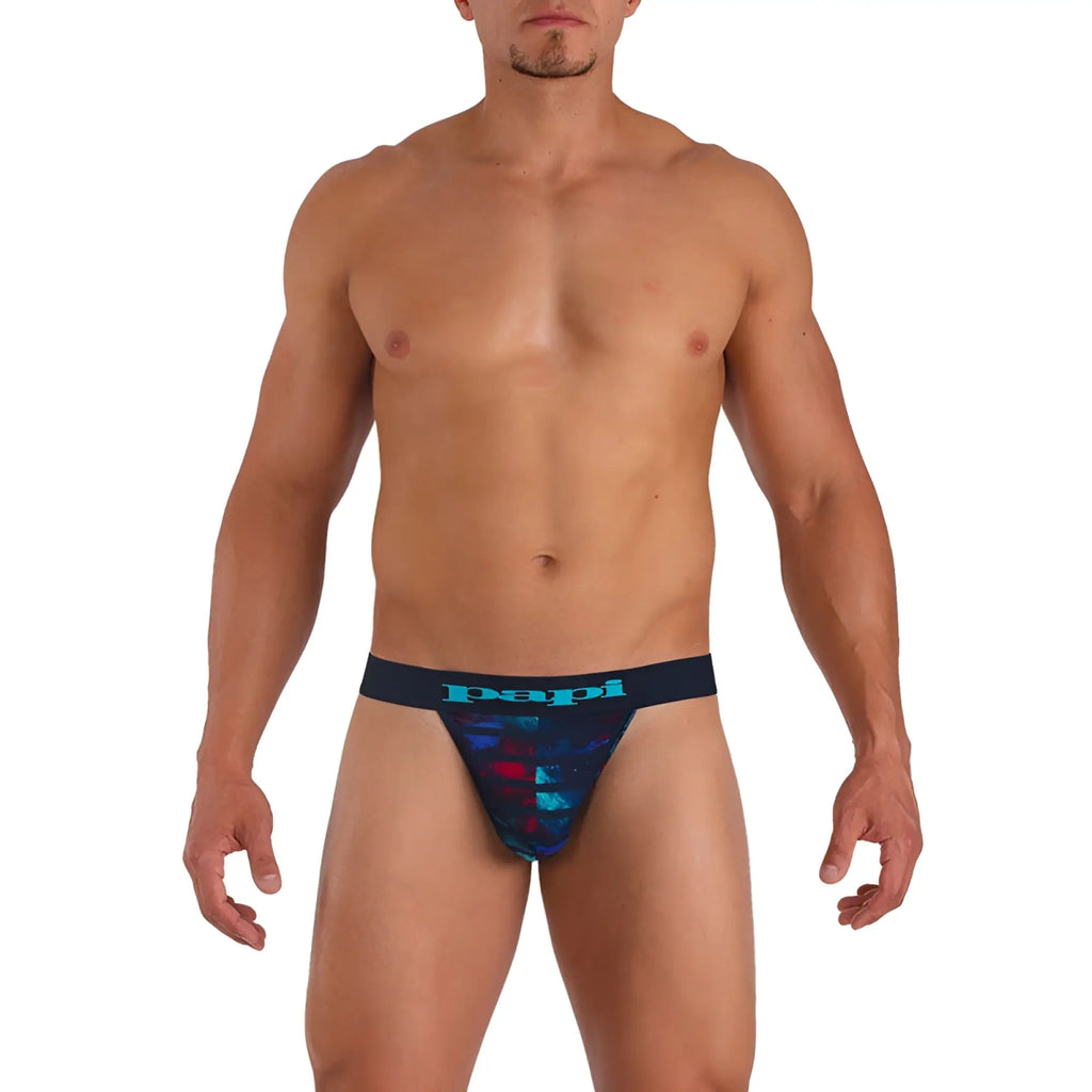 Dark blue Papi Microflex Singles Stripe thong underwear with vibrant red and teal abstract geometric pattern in size S