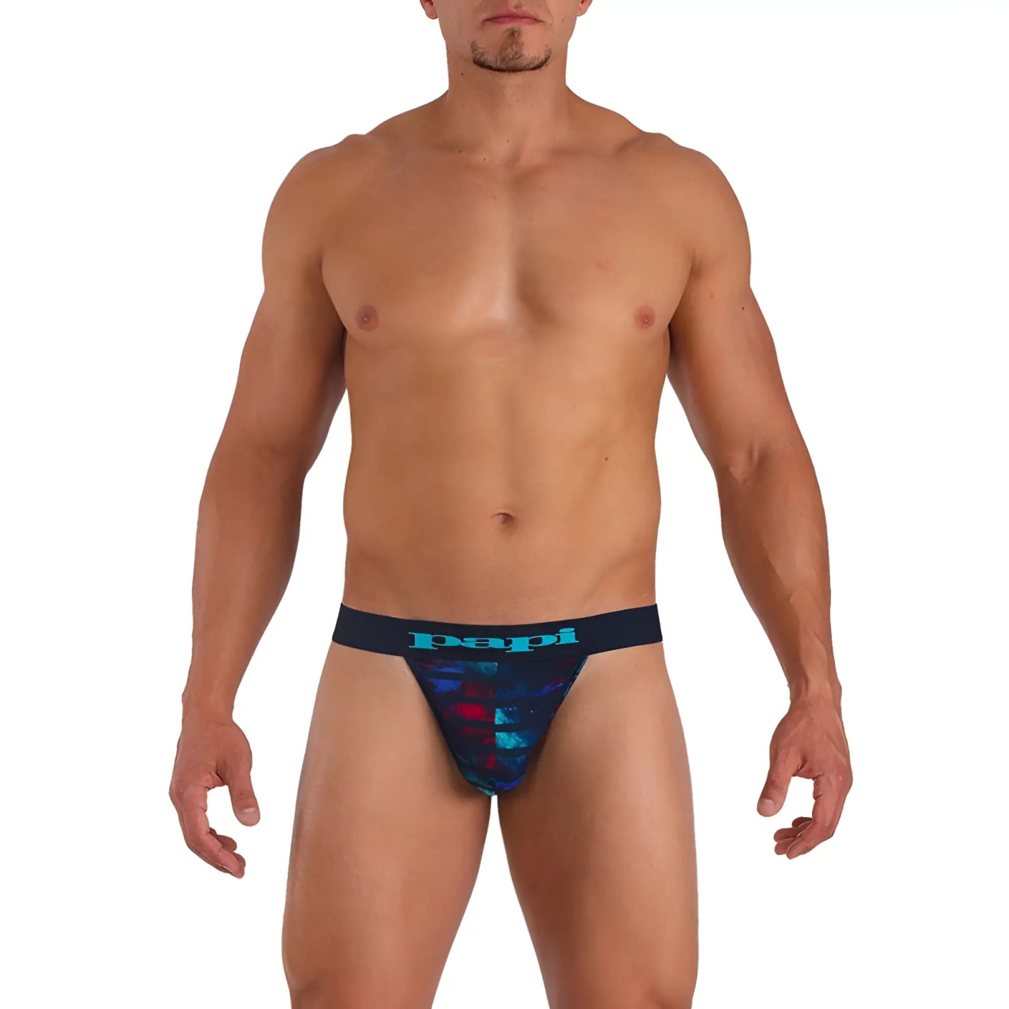 Dark blue Papi Microflex Singles Stripe thong underwear with vibrant red and teal abstract geometric pattern in size S