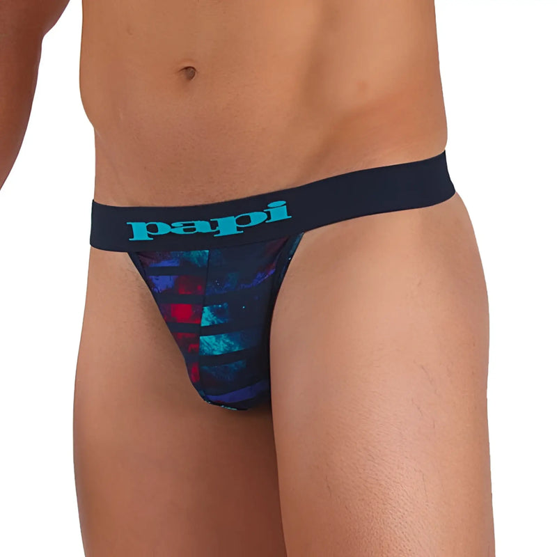 Navy blue Papi microflex singles stripe thong underwear with vibrant red teal and black geometric digital print size S