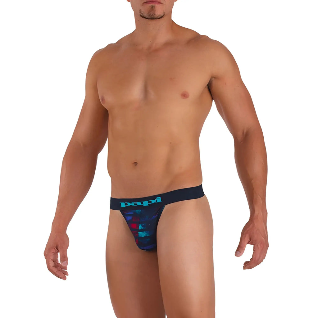 Papi microflex singles stripe thong underwear in navy blue and teal with bold graphic design size small