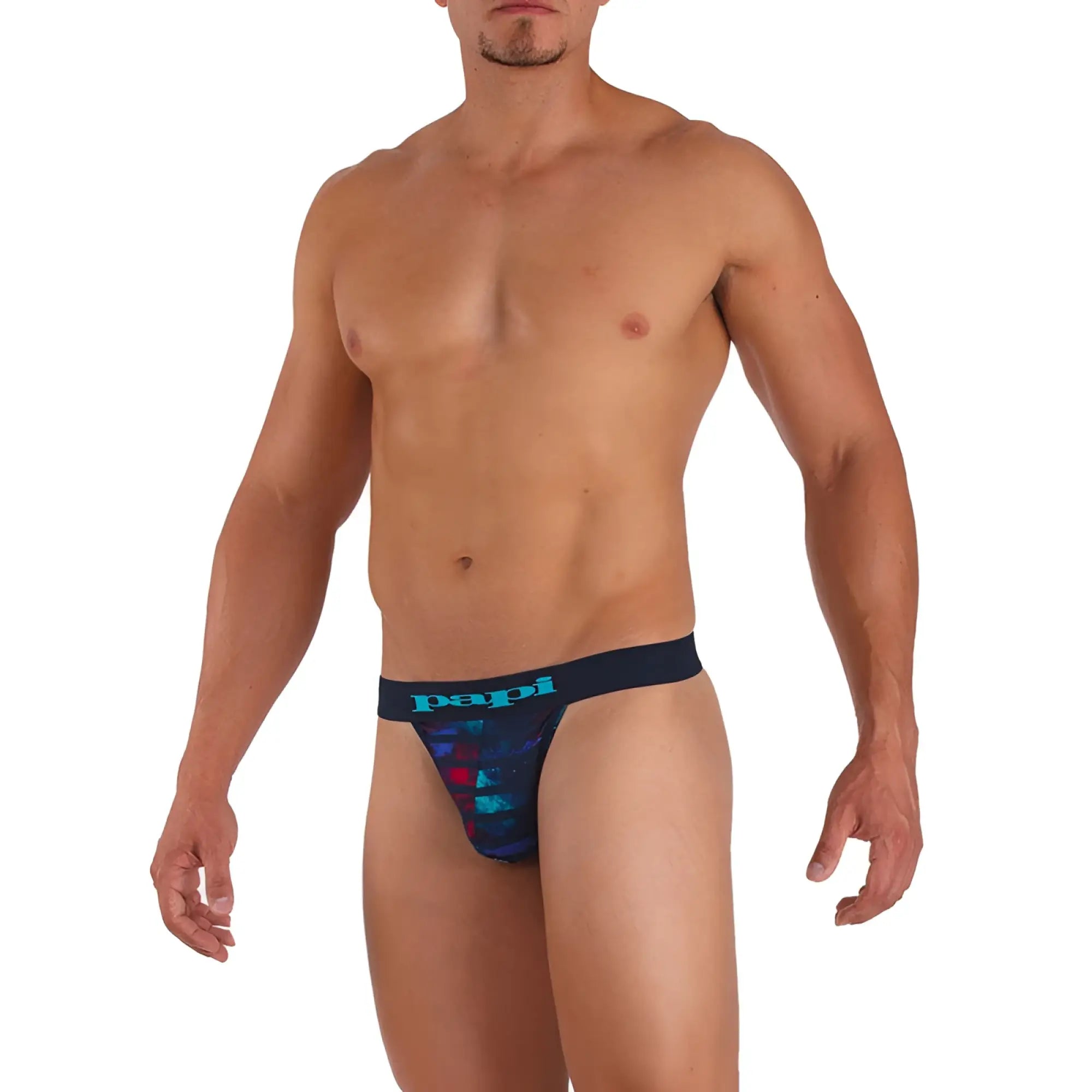 Papi microflex singles stripe thong underwear in navy blue and teal with bold graphic design size small
