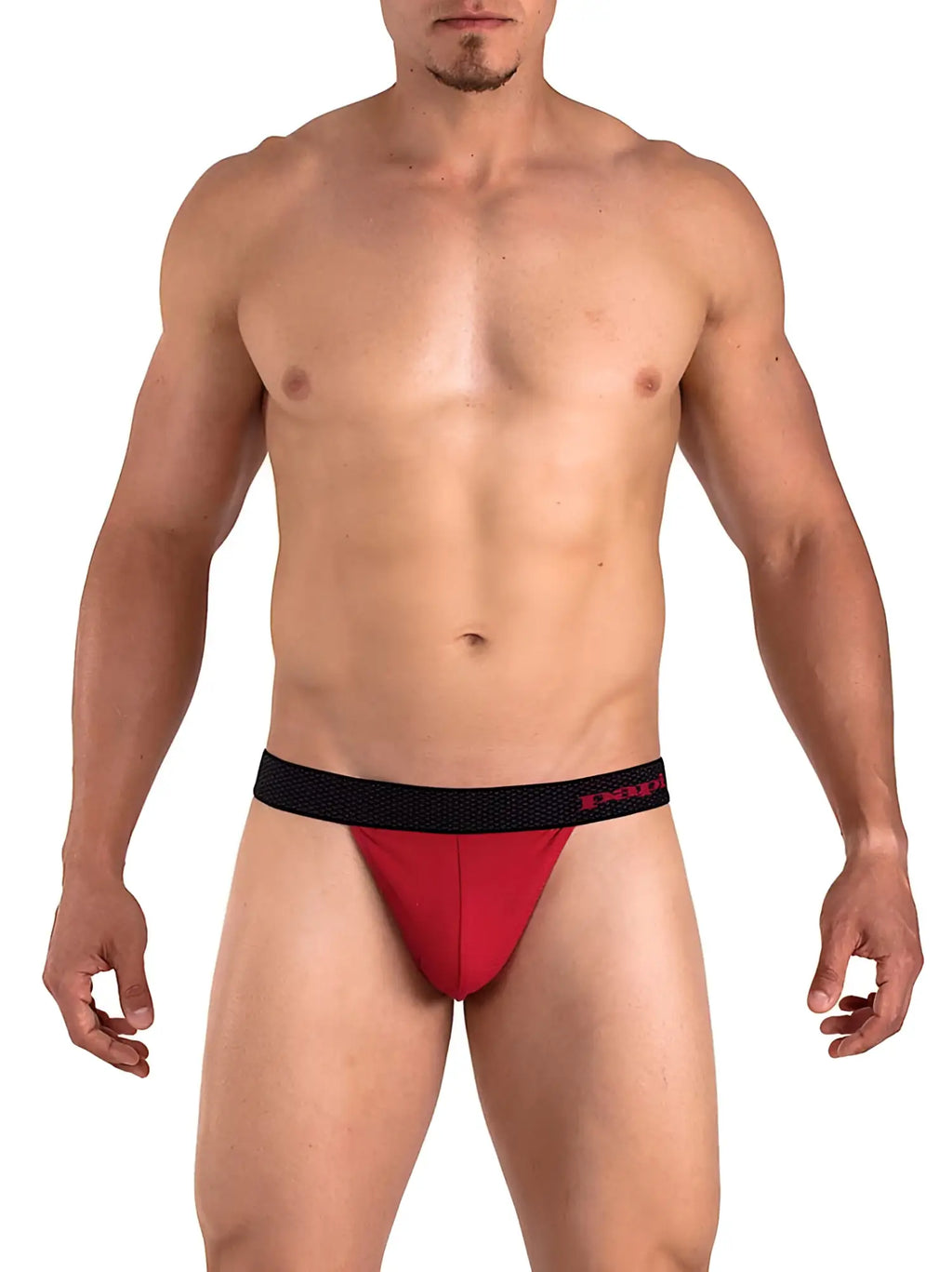 Red Papi Player’s Club thong underwear with black elastic waistband and red branding size M designed for athletic use
