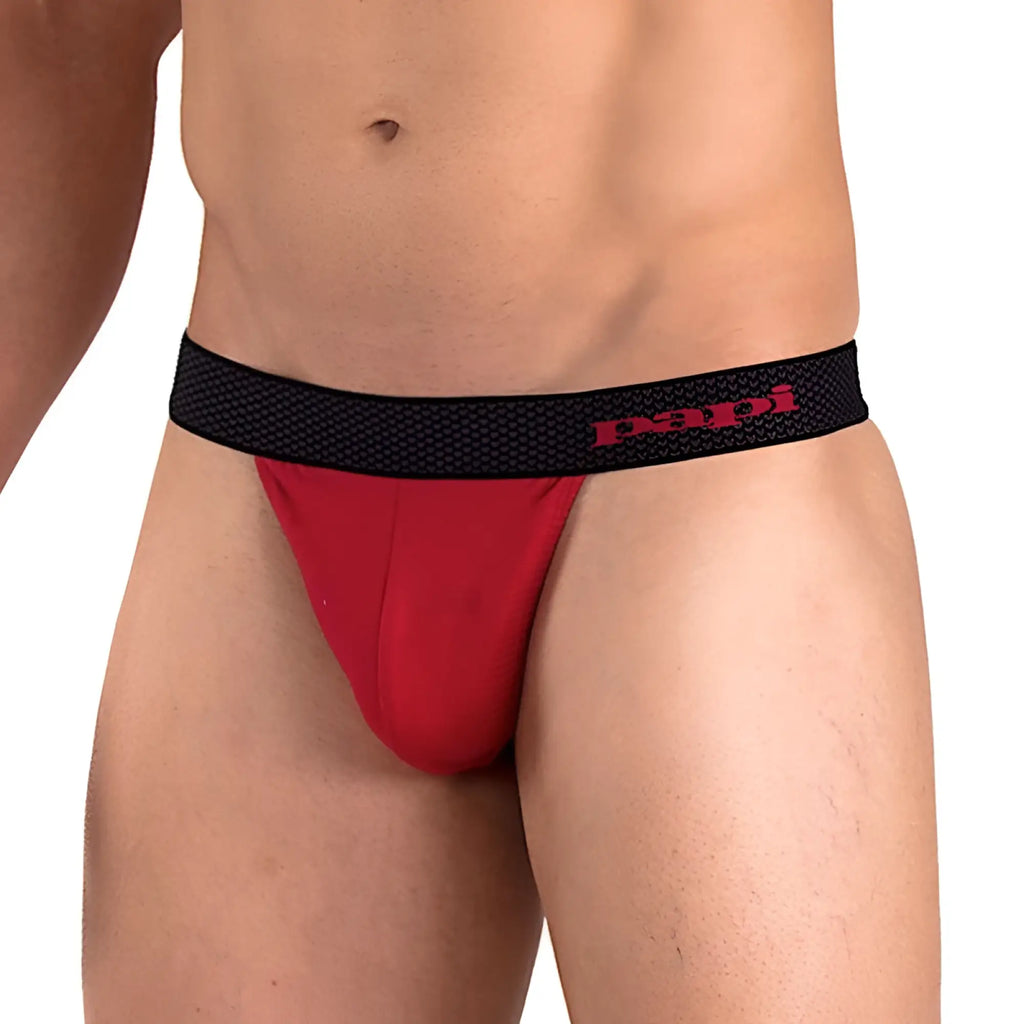 Red papi players club thong underwear size m with black textured waistband and red lettering