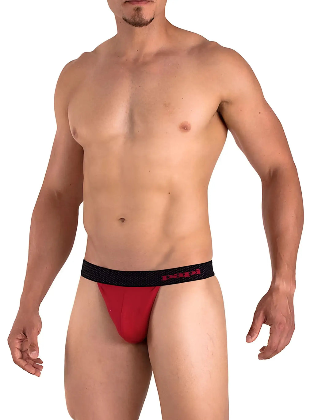 Red men’s briefs with black elastic waistband featuring the papi logo in red lettering size m